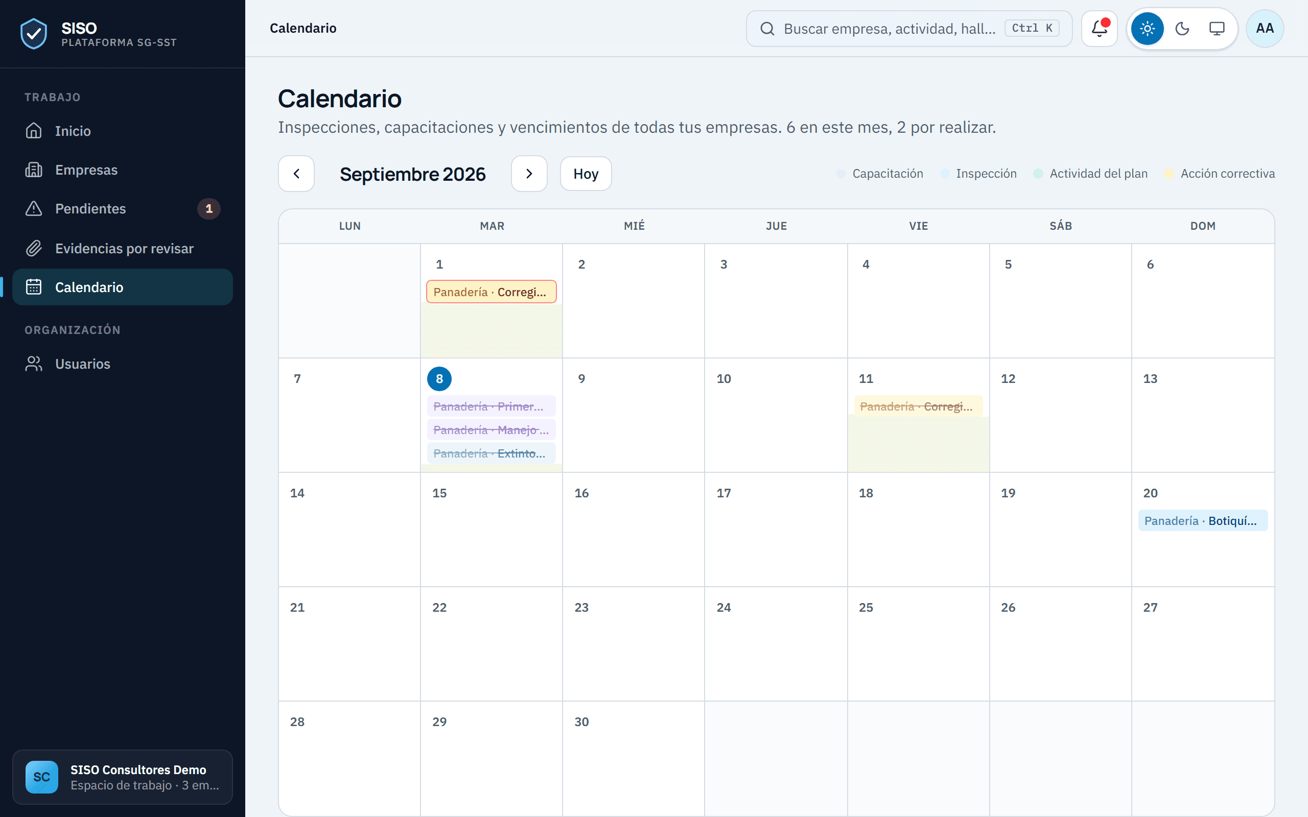 Calendario mensual con capacitaciones, inspecciones y vencimientos