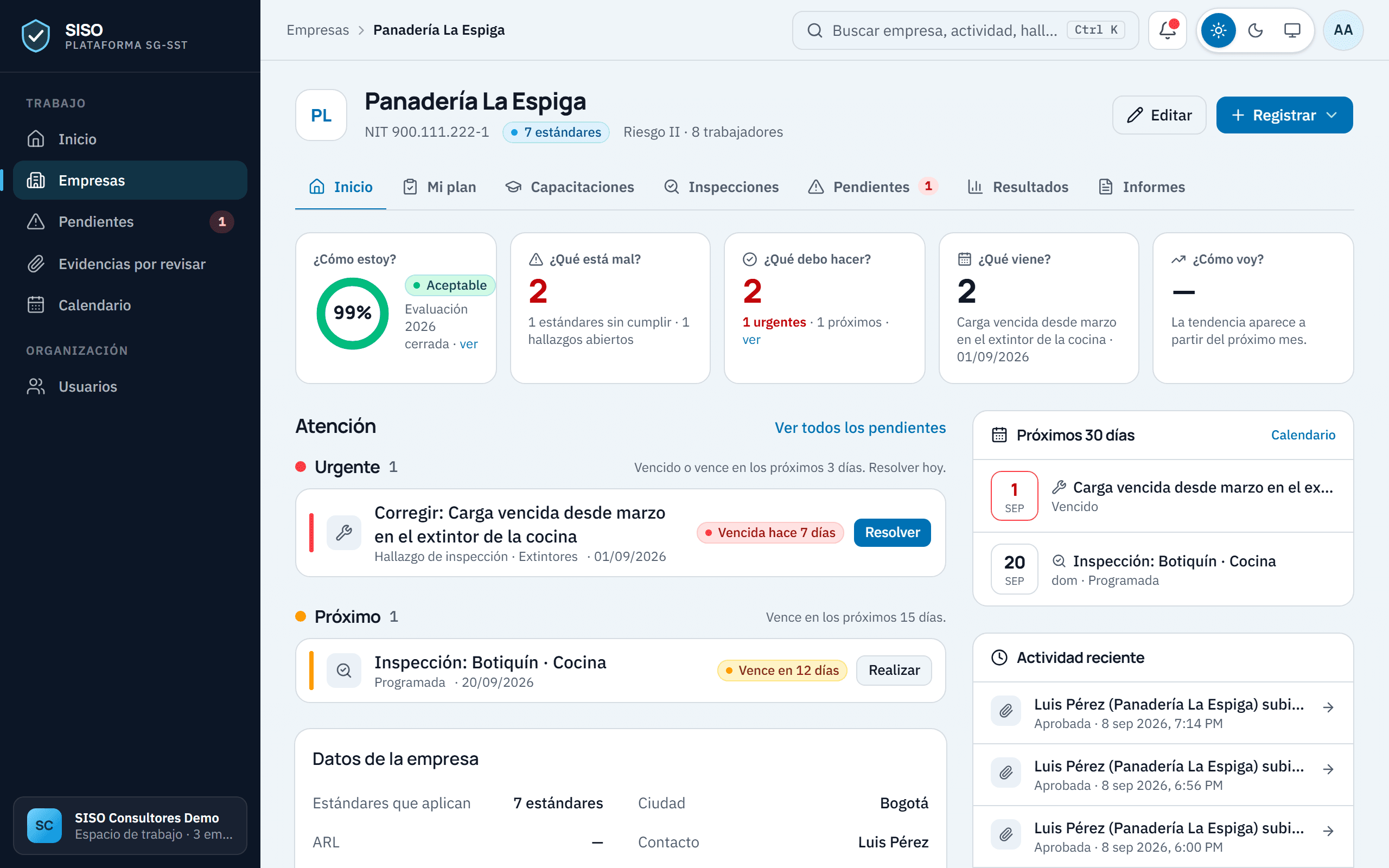 Inicio de una empresa en la plataforma: cumplimiento 99 %, pendientes y actividad reciente