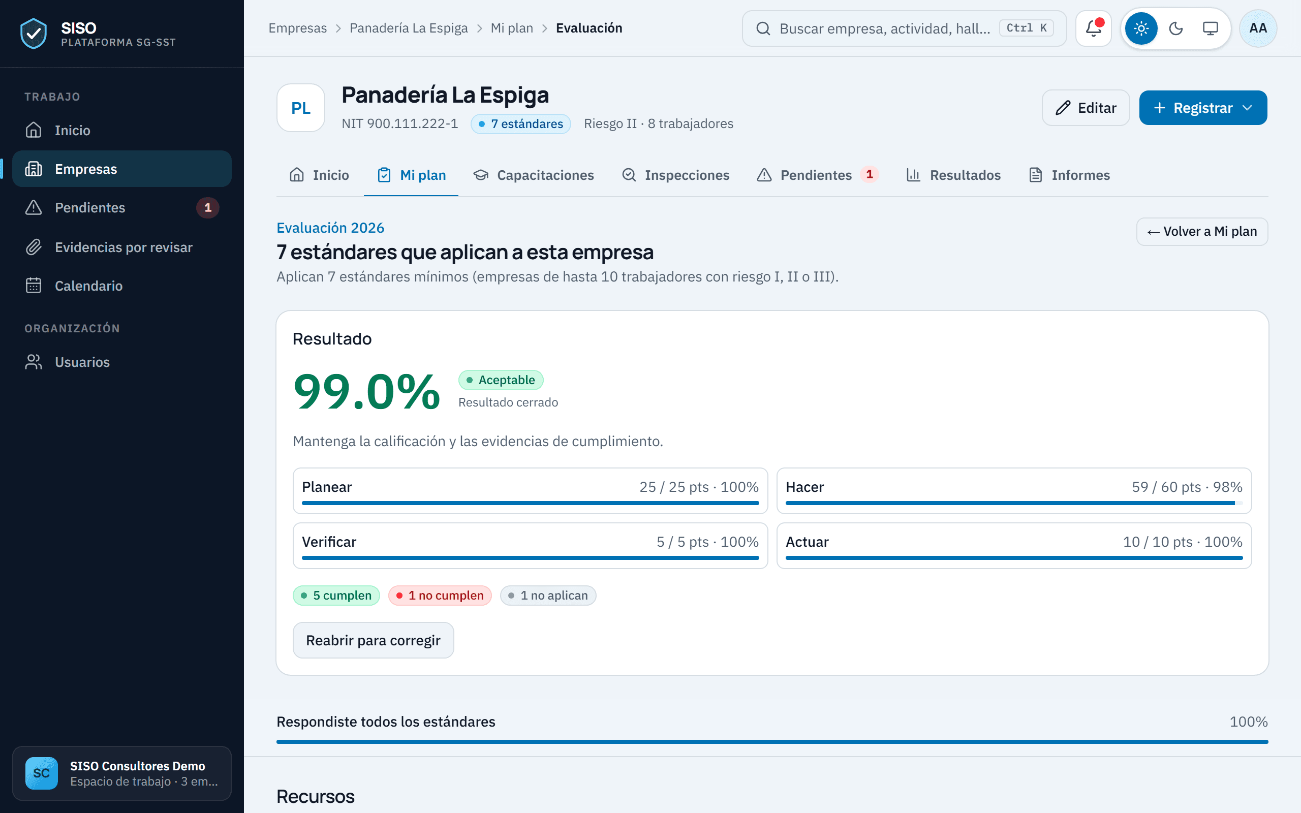 Evaluación de estándares con preguntas de sí, no o no aplica